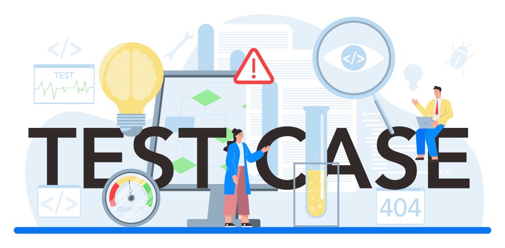 An illustration representing software testing and test cases. The word "TEST CASE" is prominently displayed, with various testing-related elements integrated into the scene. A woman in a blue coat gestures toward the text, while a man in a yellow jacket sits on top of the letters using a laptop. Surrounding elements include a magnifying glass with a coding symbol, a light bulb with a brain inside, a quality gauge, a test tube, a 404 error message, and a warning sign, symbolizing different aspects of software testing, debugging, and quality assurance. The color scheme is primarily blue, yellow, and black.